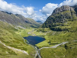 Aerial view of the western part of Glen Coe with the freshwater loch Loch Achtriochtan and the inflowing River Coe
