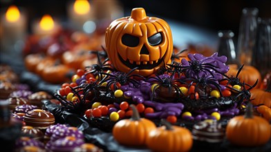 Pumpkins and halloween candy treats on A table. generative AI