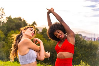 Caucasian blonde girl and dark-skinned girl with afro hair doing stretching before starting sports in the park. Healthy life