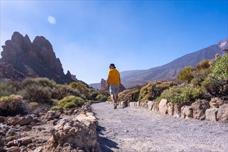A tourist walking on the path between Roques de Gracia and Roque Cinchado in the natural area of Teide in Tenerife