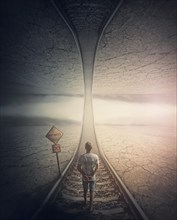 Infinity road concept with a man walking the railway to the parallel world above. Surreal and mysterious scene