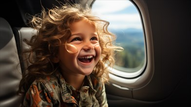 Young girl child enjoying an airplane flight. generative AI