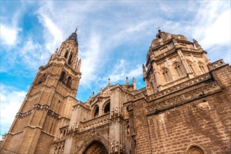 Facade of Santa Iglesia Catedral Primada in the medieval city of Toledo in Castilla La Mancha