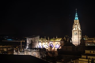 Night view of the cathedral of Santa Iglesia Primada in the medieval city of Toledo in Castilla La Mancha