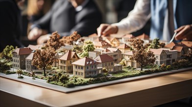 Architect working on A small scale model of a housing developement design on the table in A real estate office. generative AI
