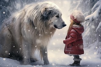 Three years old little girl wearing winter coat standing near a huge Russian Wolfhound in a snowy forest environment with the dog looking down at the girl