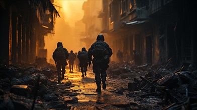 Soldiers with guns scrambling down the streets of a ravaged city amidst war. generative AI