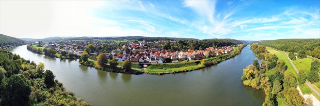 Aerial view of Hafenlohr am Main with a view of the town centre. Hafenlohr