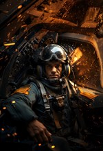 A fighter pilot in full gear sits in his galactic fighter plane and flies towards the enemy