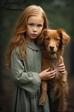 Pretty eight years old girl with red hair and green dress holding a red Golden retriever pup in her arms