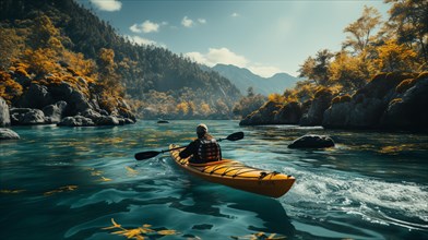 Kayaker paddling along a beautiful calm mountain river. generative AI