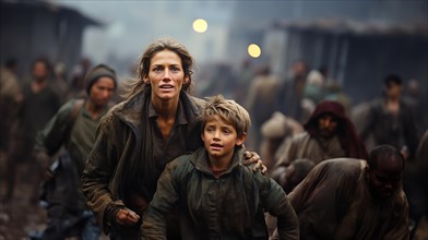 Frightened mother and young child son running in the streets of their war ravaged city. generative AI