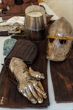 Medieval armor of an original knight in the castle of Fougeres. Brittany region