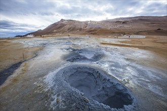 Pools of boiling water and brimstone in the landscape in Myvatn Park. Iceland