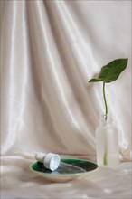A green leaf in a glass dropper bottle