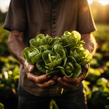 Green lettuce is harvested by a farmer