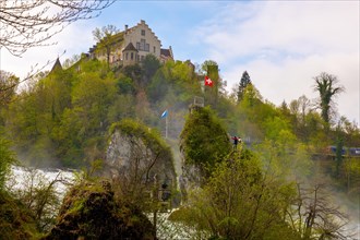 Rhine Falls and Swiss Flag with the Castle Laufen at Neuhausen in Schaffhausen