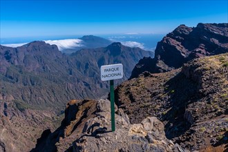 National park sign at Roque de los Muchachos on top of Caldera de Taburiente