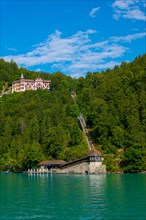 The Historical Grandhotel Giessbach and Cable Train on the Mountain Side on Lake Brienz in Giessbach