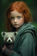 Pretty eight years old girl with long red hair and a green dress holding a panda pet in her arms