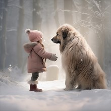 Three years old girl wearing winter clothes petting a huge white great Saint Bernadin dog in a snowy forest