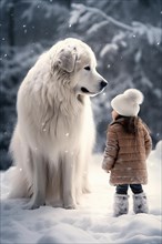 Three years old little girl wearing winter coat standing near a huge Great white Pyrenees Mountain dog on a snowy mountain top with the dog looking down at the girl