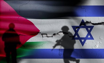 War between Palestine and Israel. Silhouette of soldiers in Palestine vs Israel. Israel vs Palestine flag on cracked wall
