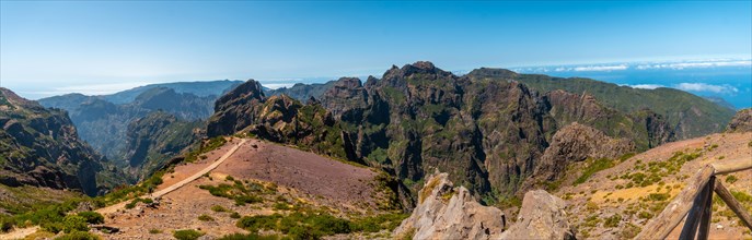 Panoramic on the trail for trekking in the mountains at Pico do Arieiro