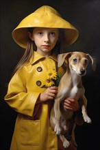 Eight years old girl wearing a yellow raincoat and hat holding an Italian Greyhound in her arms