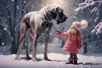 Three years old little girl wearing winter coat standing near a huge Great Dane in a snowy forest environment with the dog looking down at the girl