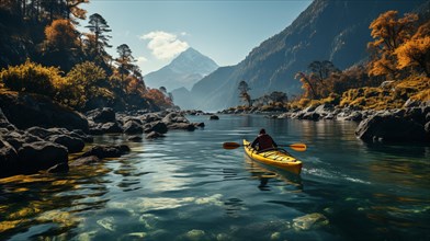 Kayaker paddling along a beautiful calm mountain river. generative AI