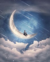 Dreamy scene with a boy seated on the crescent moon watching at the falling stars on the night sky. Magical and surreal view