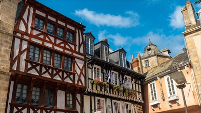 Traditional wooden houses of the medieval town of Quimper in the department of Finisterre. French Brittany