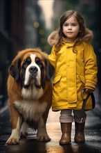 Eight years old girl wearing a yellow raincoat and hat walking in a street side by side with a huge Saint Bernadin dog