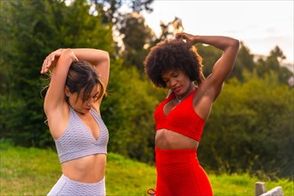 Caucasian blonde girl and dark-skinned girl with afro hair doing stretching before starting sports in the park. Healthy life