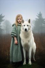 Pretty six years old girl with a green dress standing near a huge Swiss White Shepherd dog sitting in an autumnal foggy forest