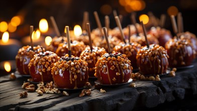Delicious decorated candy apples on the table. generative AI