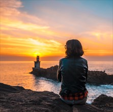 A young woman sitting on some rocks with a leather jacket in the orange sunset of the Pasajes San Juan lighthouse