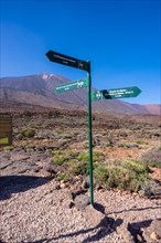 Signs of the trail between Roques de Gracia and Roque Cinchado in the natural area of Teide in Tenerife