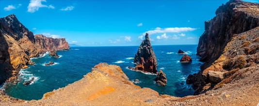 Panoramic view of the colorful rock formations at Ponta de Sao Lourenco