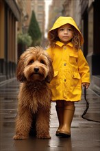 Pretty three years old girl wearing a yellow raincoat walking with a Labradoodle in an urban environment