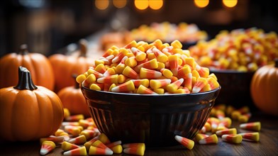 Halloween pumpkins and bowls of candy corn on A table. generative AI