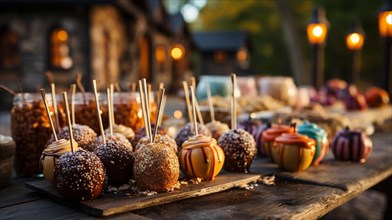 Variety of delicious candy apples on the table outside. generative AI