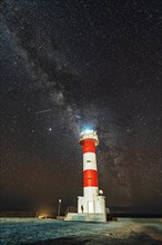 A young woman at the Fuencaliente Lighthouse with the milky way on the route of the volcanoes south of the island of La Palma