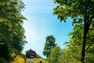 The Oldest Cable Train and Station in Europe with the View over Lake Brienz with Mountain in Giessbach in Brienz