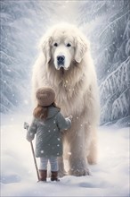 Three years old little girl wearing winter coat petting a huge Great white Pyrenees Mountain dog in a snowy forest environment with the dog looking down at the girl