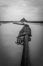 View from Point de Vue to the Abbey of Mont Saint-Michel in black and white