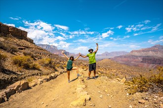 A european couple on the South Kaibab Trailhead trekking. Grand Canyon