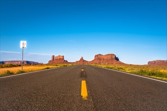Panoramic of the road with its yellow lines of Monument Valley