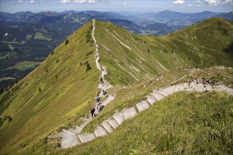 Hikers on the Fellhorngrat ridge trail between Fellhorn summit and Soellerkopf